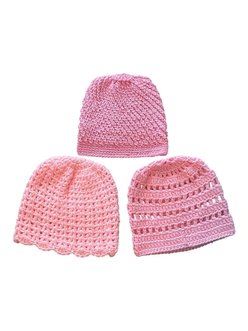 3 Handmade Crochet Pink Beanies Bundle Adult Small Teen Boho Cottagecore Hats
